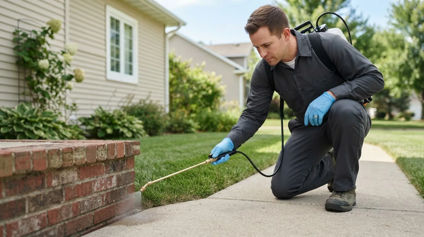 Pest control technician treating a home near Willernie, MN