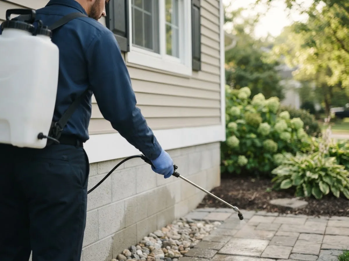 Pest control technician inspecting a home in Willernie, MN